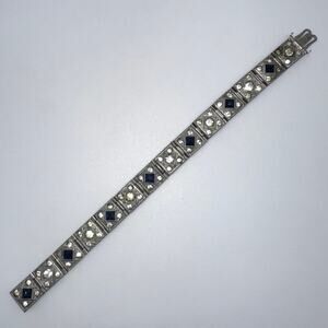 Diamond Finish antique Art Deco pot metal clear blue rhinestones bracelet